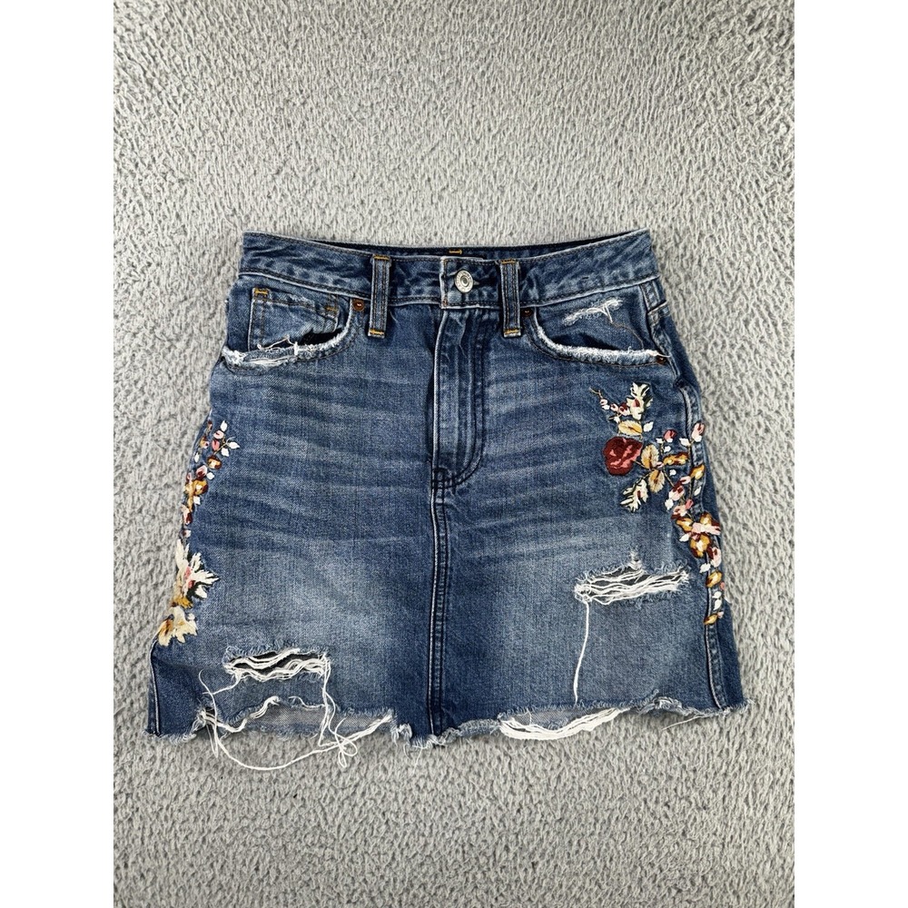 Abercrombie & Fitch Denim Skirt Women 24 Floral Embroidered Distressed Y2k Retro